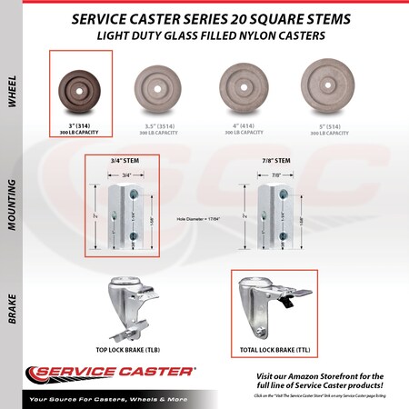 Service Caster 3 Inch High Temp Glass Filled Nylon 3/4 Inch Stem Caster Set Total Lock Brake SCC-SQTTL20S314-GFNSHT-34-4
